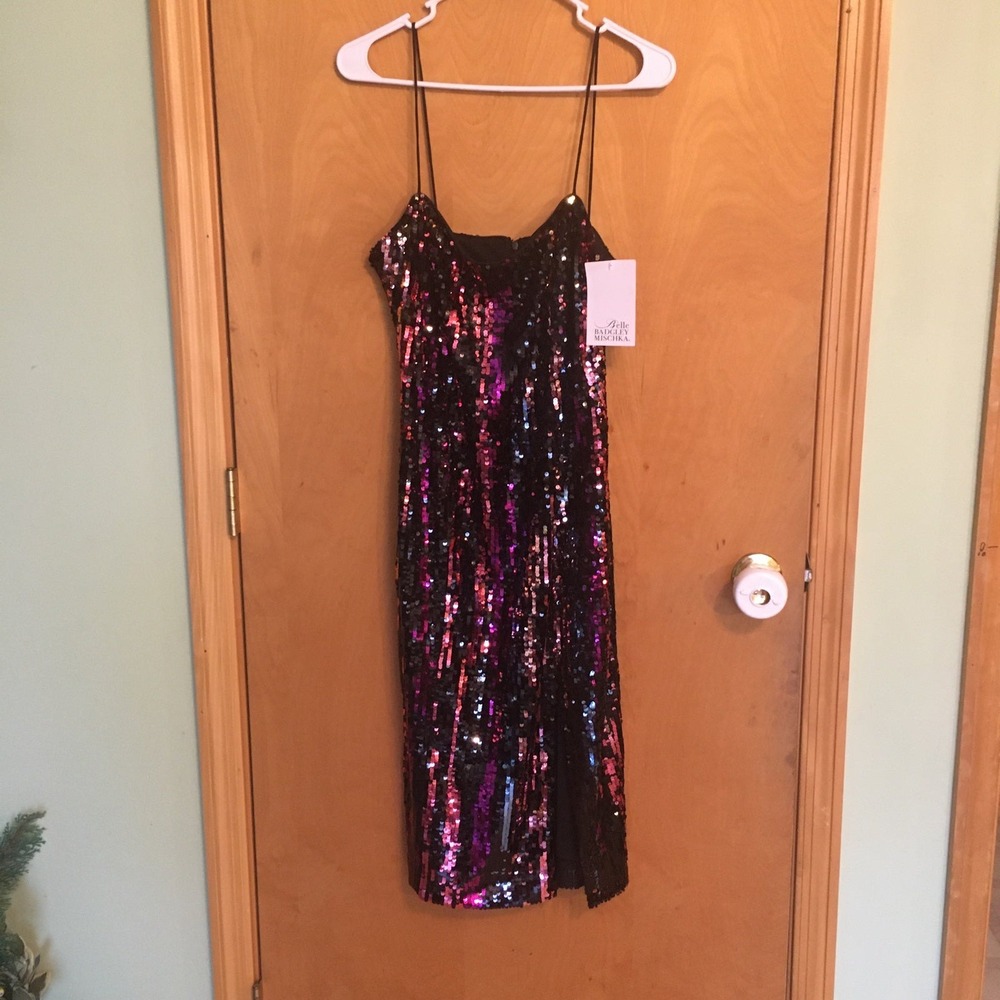 Belle‎ Badgley Mischka Sequin Midi Dress Womens 4 Multicolor New Side Slit Glam